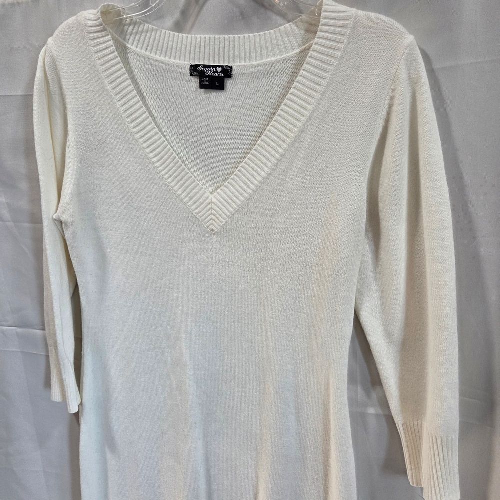 Sequin Hearts Sz L Cream V-Neck Knit Sweater Dress Jrs Coquette Minimalist Boho